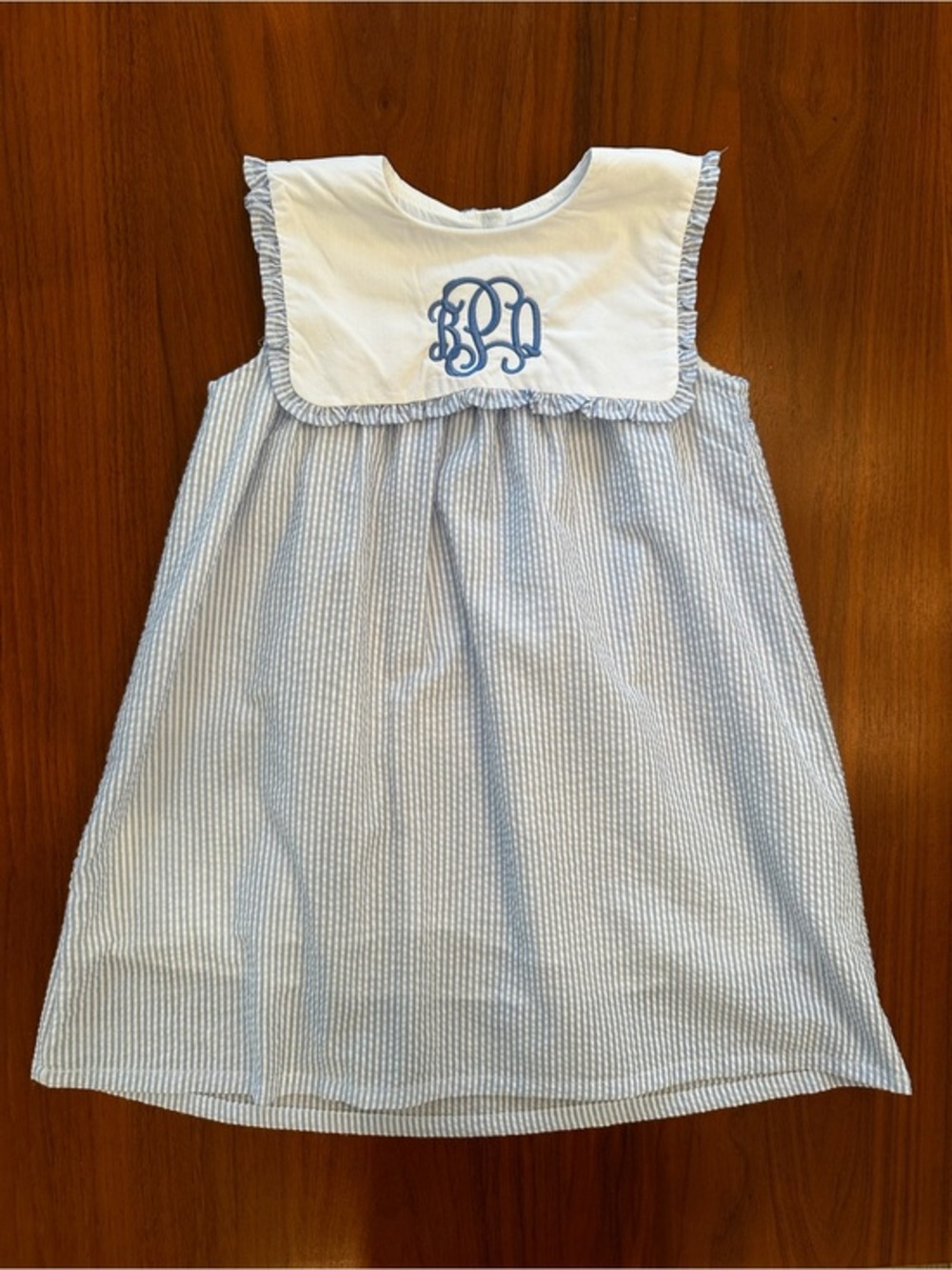 Cecil and Lou Monogrammed “bPq” Blue & White Seersucker Girls Dress size 5